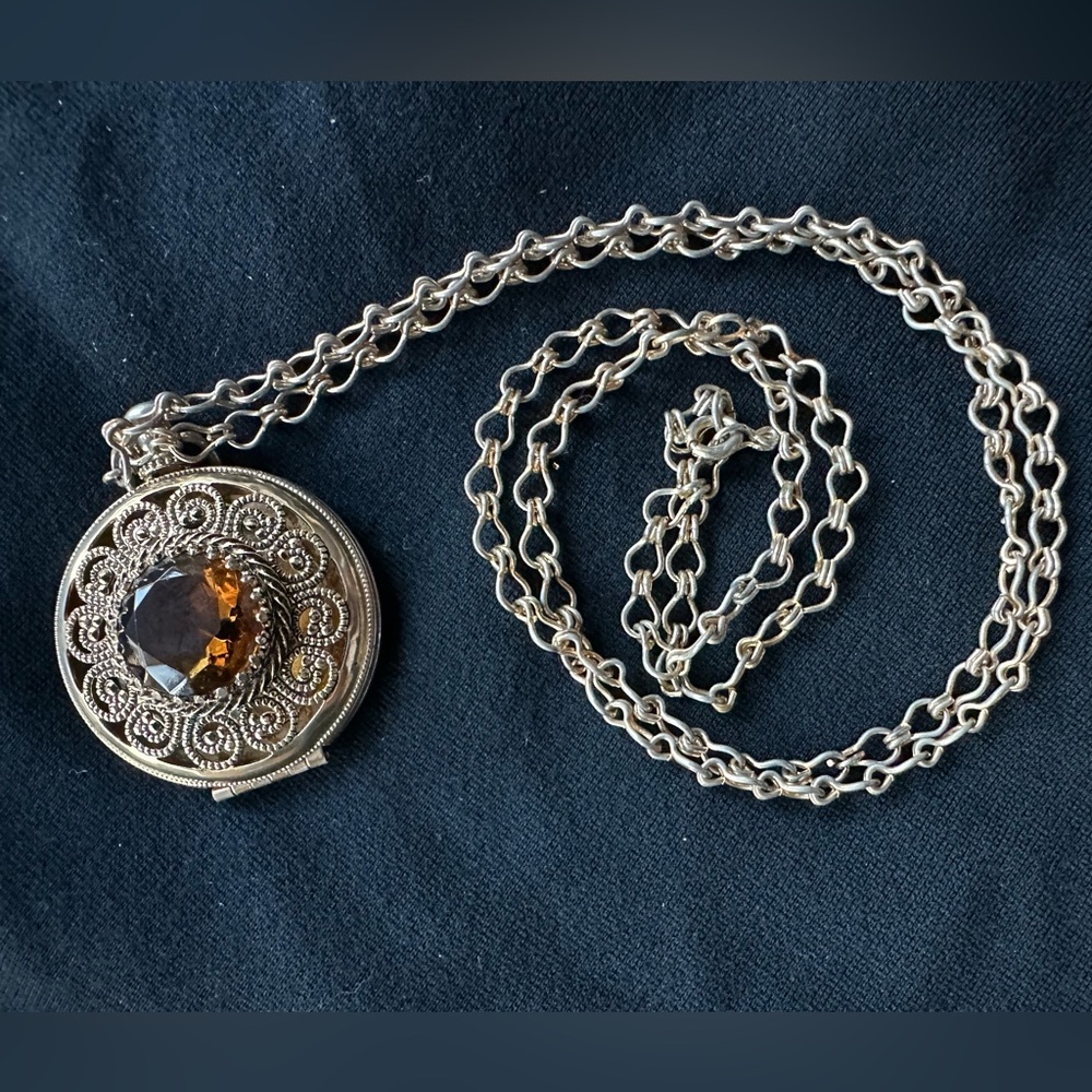 Vintage Avon Victorian Locket with amber gem Chain Necklace Pendant necklace